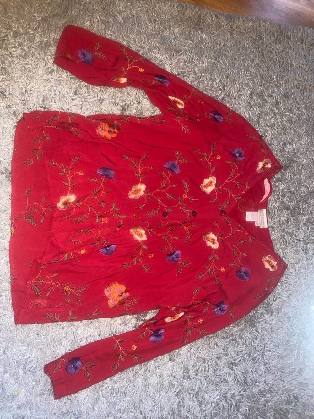 Coldwater Creek Red Embroidered Silk Blouse